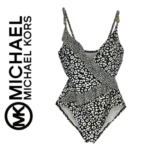 MK Michael Kors Sz 8 Black & White One Piece Swimsuit Ruffle Criss Cross Bathing - Picture 1 of 8